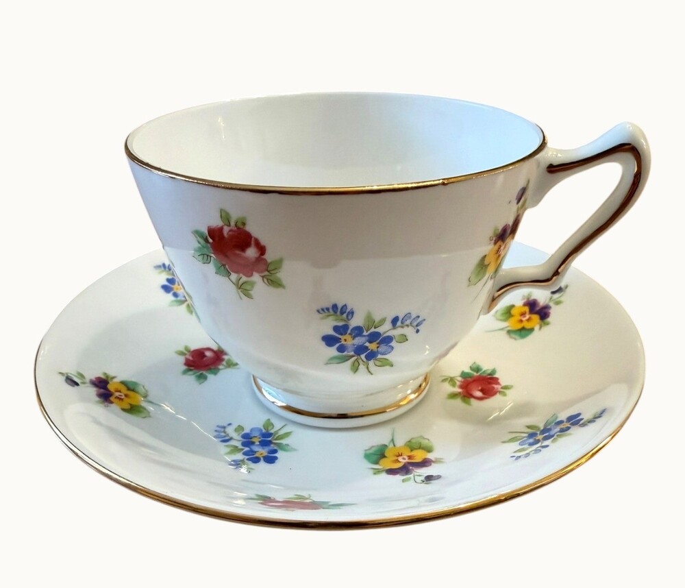 Crown Staffordshire Rose Pansy Bone China Cup & Saucer England Vintage